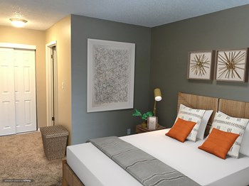 Bedroom with bed and side table, decorated with wall art. - Photo Gallery 3