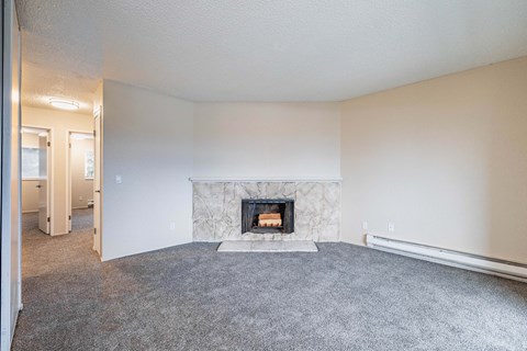 A living room with a fireplace and grey carpet.