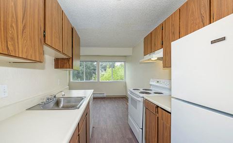 Double galley kitchen, wood cabinet storage, white countertops, and appliances. Full-size fridge, dishwasher, oven, stove top.