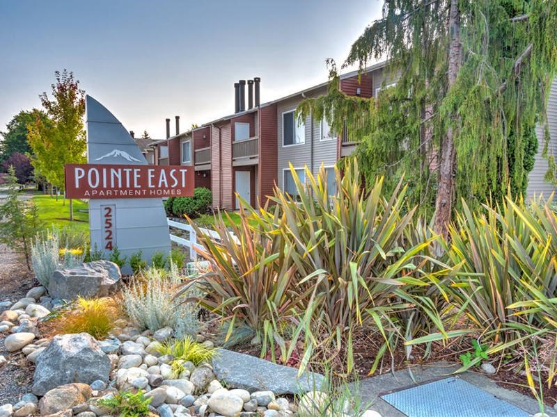 Community entrance with a Pointe East Apartment Homes sign surrounded by well-maintained landscaping with apartments in the background. at Pointe East, Fife, WA, 98424