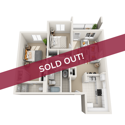A 3D floor plan of a house with a red banner across it that says "SOLD OUT!".