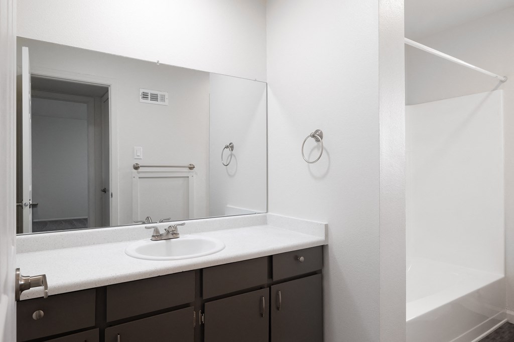 an empty bathroom with a sink and a mirror