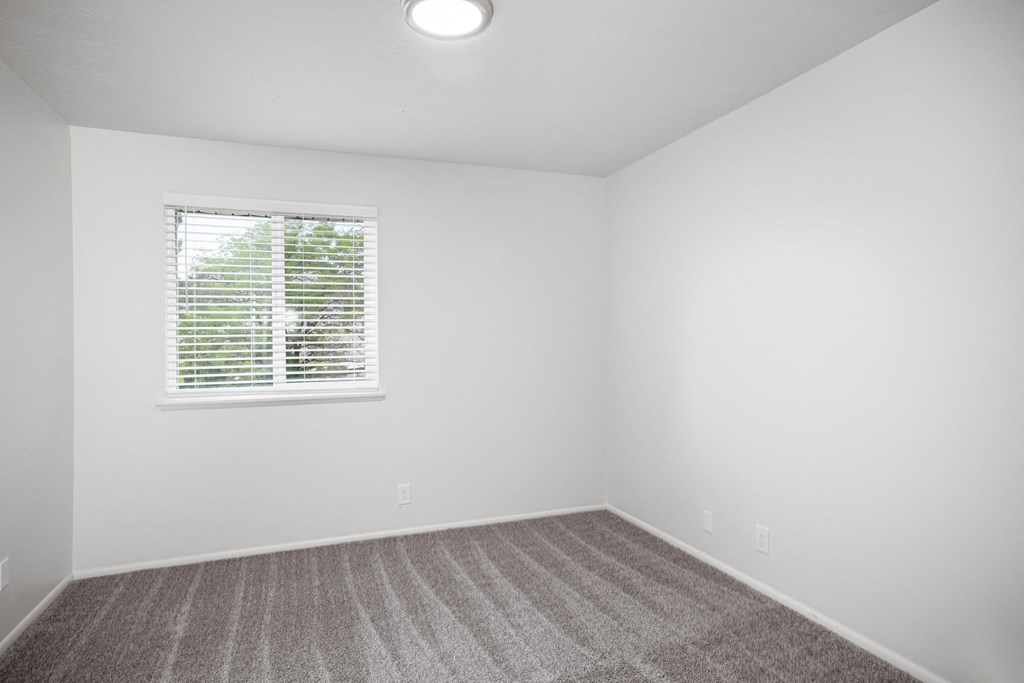 an empty room with carpet and a window