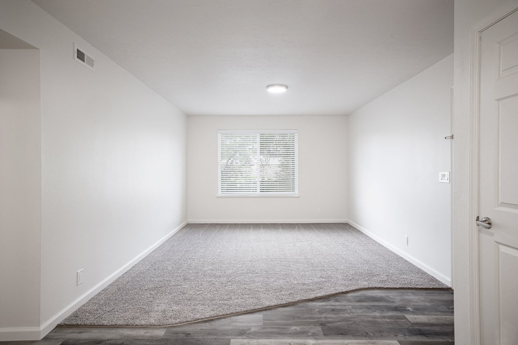 a room with white walls and a white carpet and a window