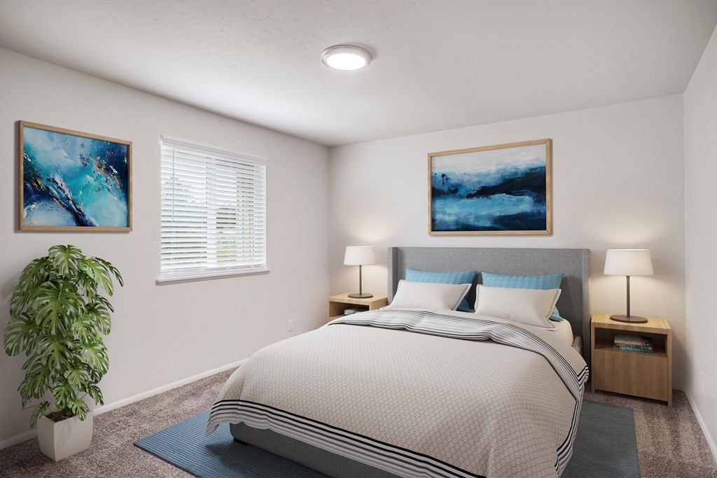 our apartments offer a bedroom with a bed and a potted plant