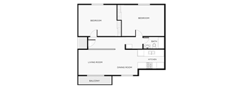 A floor plan of a house with labeled rooms including a living room, dining room, kitchen, and two bedrooms.