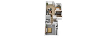 A top-down view of a small apartment with a living room, kitchen, and bathroom.