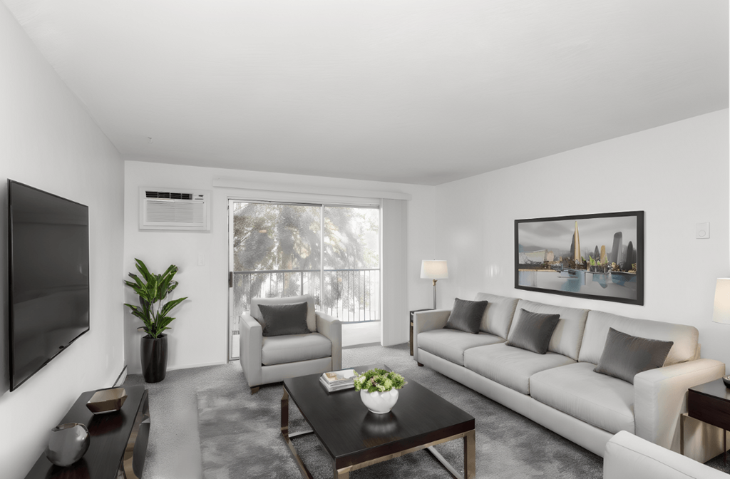 a living room with couches and a coffee table and a television