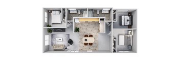 A floor plan of a three bedroom apartment at Wildflower, Kennewick, WA