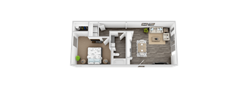 A top-down view of a small apartment with a living room, kitchen, and bedroom.