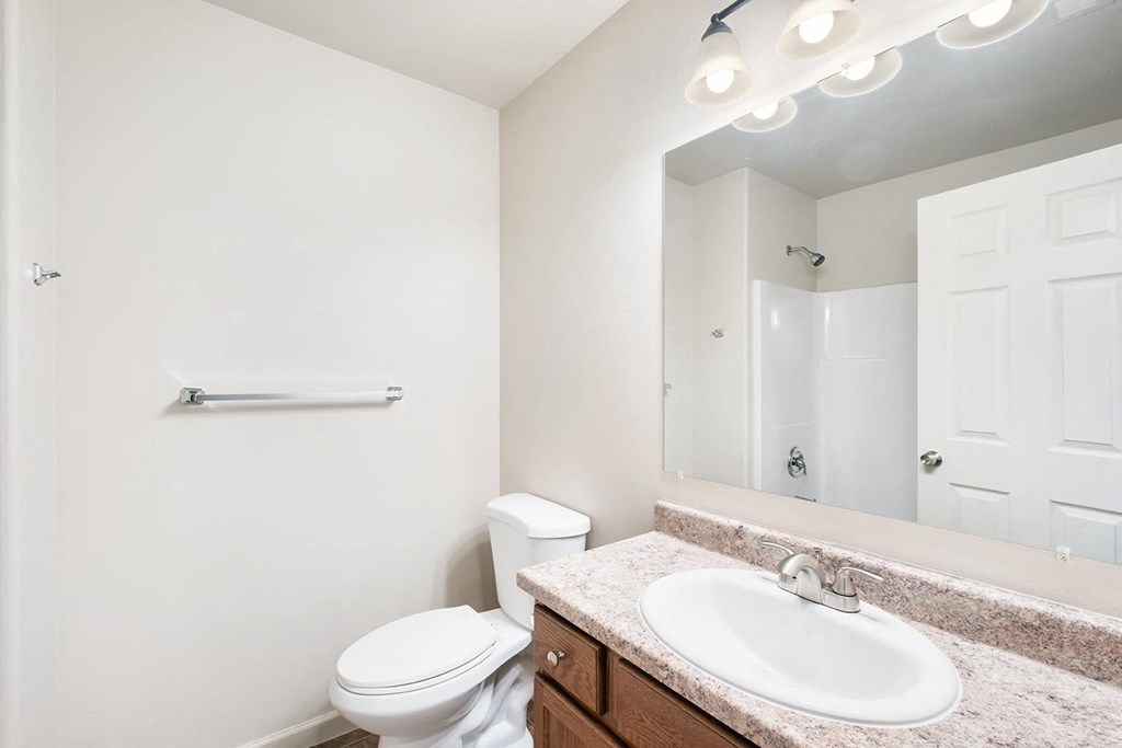 A bathroom with a sink, toilet, mirror, towel rack and above mirror lighting. at Pine Tree Park, Kennewick