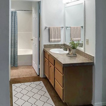 Bathroom Bathroom with wood cabinets, granite countertops, a sink, and a second door leading to the bathtub and shower. - Photo Gallery 4