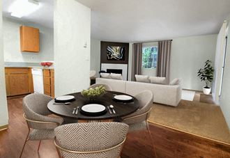 Dining Area Open layout dining room between kitchen and living room. Contains round dining table and 4 chairs. Living room in background contains large sofa, window and corner fireplace.at Capitol Crossing, Olymp - Photo Gallery