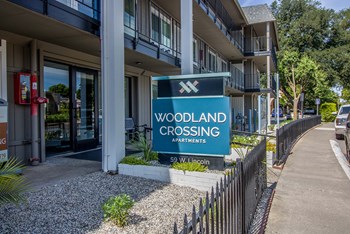 Woodland crossing sign with sidewalk passing by. - Photo Gallery 6