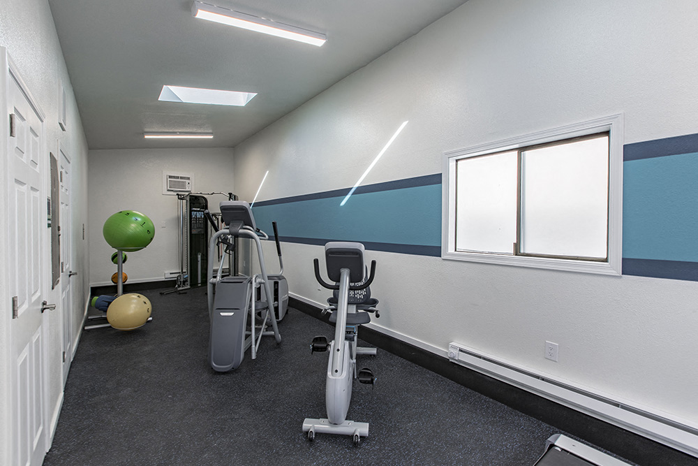 Community gym with window and exercise balls, stationary bike, elliptical, cable machine and free weights.at The Lakes Apartments, Moses Lake, WA 98837