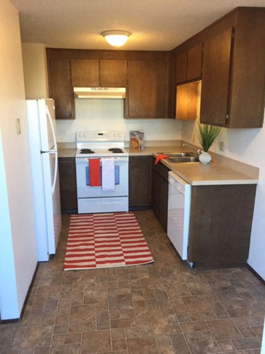 Kitchen with a sink, dishwasher, fridge, and oven with cooktop.  There are upper and lower cabinets.