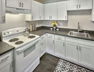 Kitchen corner with white top and bottom cabinets, quartz counter tops, stove, oven, rangehood, and sink. at Quartz Creek, Washington, 98043 - Photo Gallery 2