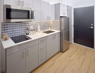 Gally-style kitchen with energy-efficient appliances, cabinets, full-size fridge, and undermount sink.