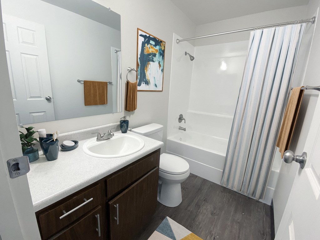 Full bathroom with vanity, mirror, toilet, shower, staged with hand towels, shower curtain, wall art, plant, and rug.at Laurel Park, Idaho, 83301