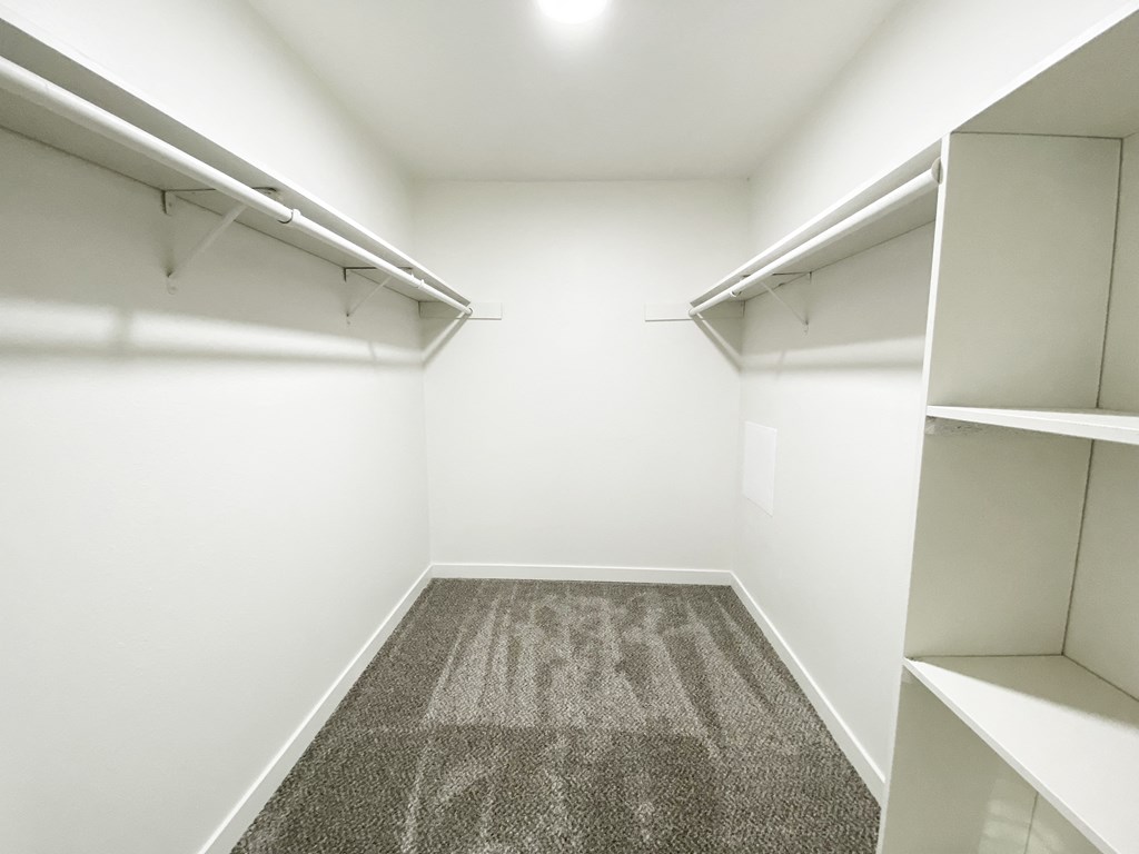 Large walk-in closet with top shelves, closet rod, wall shelving, gray carpet, and white walls.at Laurel Park, Twin Falls, ID 83301
