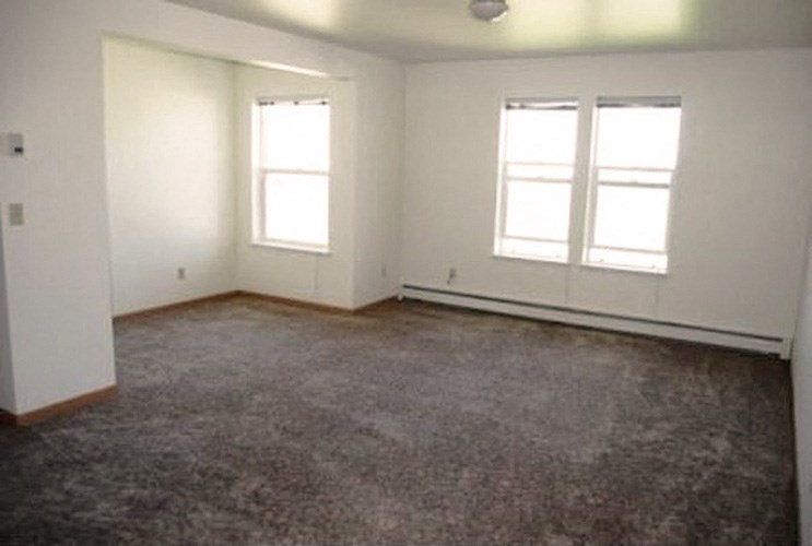 Carpeted living room, three windows with great natural light, and heating unit.