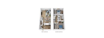 two views of a 1 bedroom floor plan with a living room and a dining room