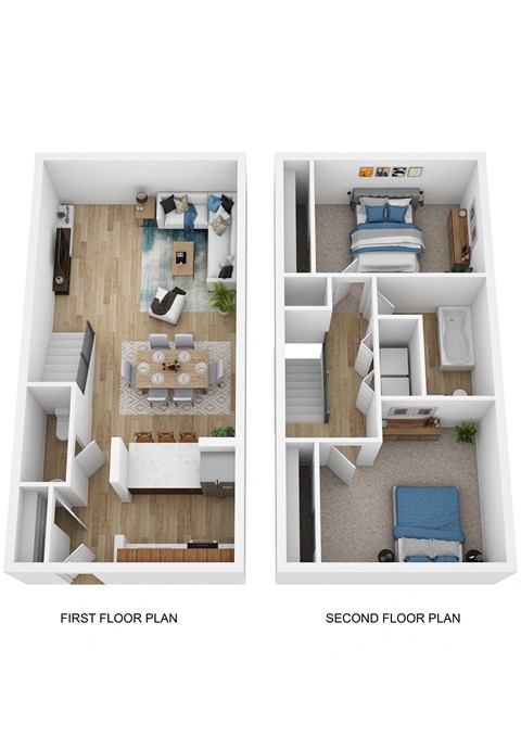 two views of a 1 bedroom floor plan with a living room and a dining room