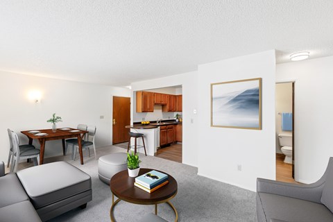 A living room with a grey sofa, a coffee table, a dining table with chairs, a kitchen area with a sink and a fridge, and a painting on the wall.