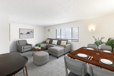 A modern living room with a dining table set for four.