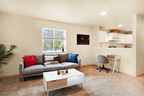 a living room with a couch and a coffee table at Sky Vue, Bellingham, WA 98229