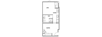 Open one bedroom floor plan at The Duo, University Place, WA
