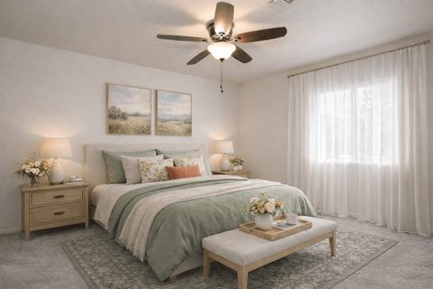 Spacious bedroom with sage green bedding and ceiling fan at Castle Vista Senior Duplex Community Apartments, Atwater