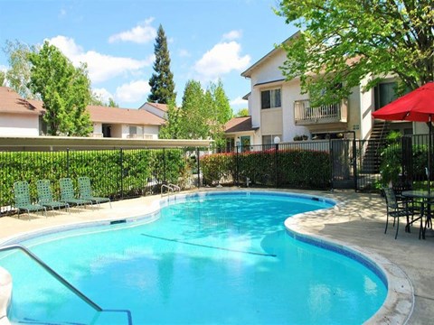 A swimming pool surrounded by a black fence and trees.