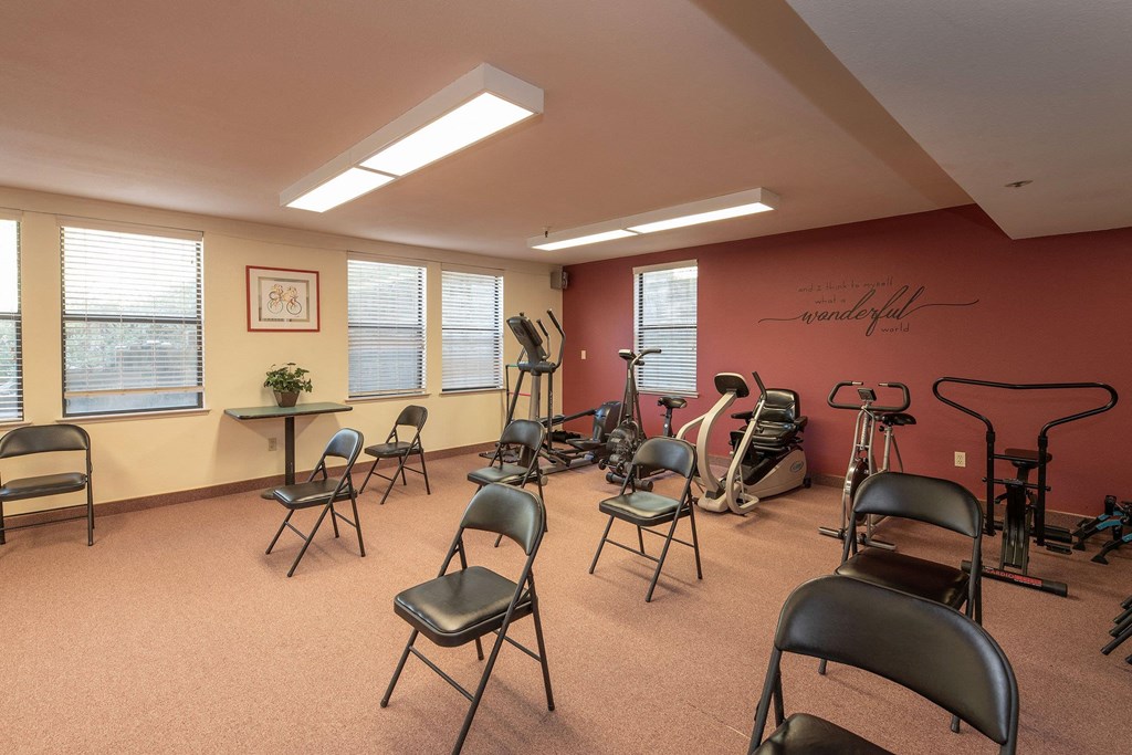 our fitness room is equipped with a variety of exercise equipment at Hilltop Commons Senior Living, Grass Valley, CA 95945