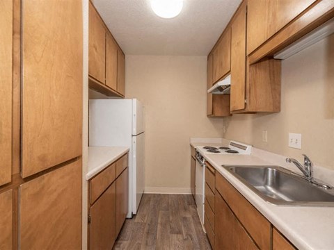 a kitchen with a sink and a refrigerator