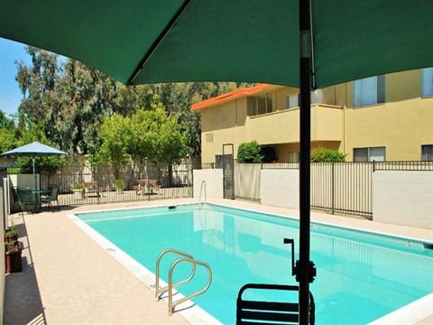 A pool with a ladder and a green umbrella.