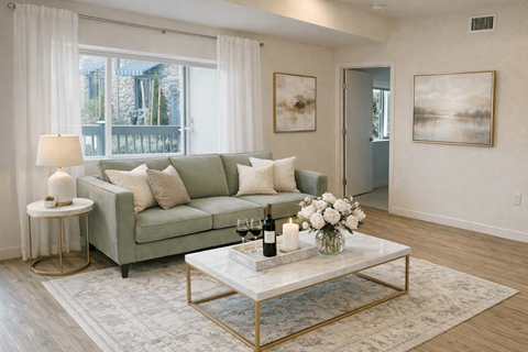 A living room with a couch, a coffee table, and two paintings on the wall.
