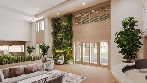 a living wall in a living room with a couch and chairs