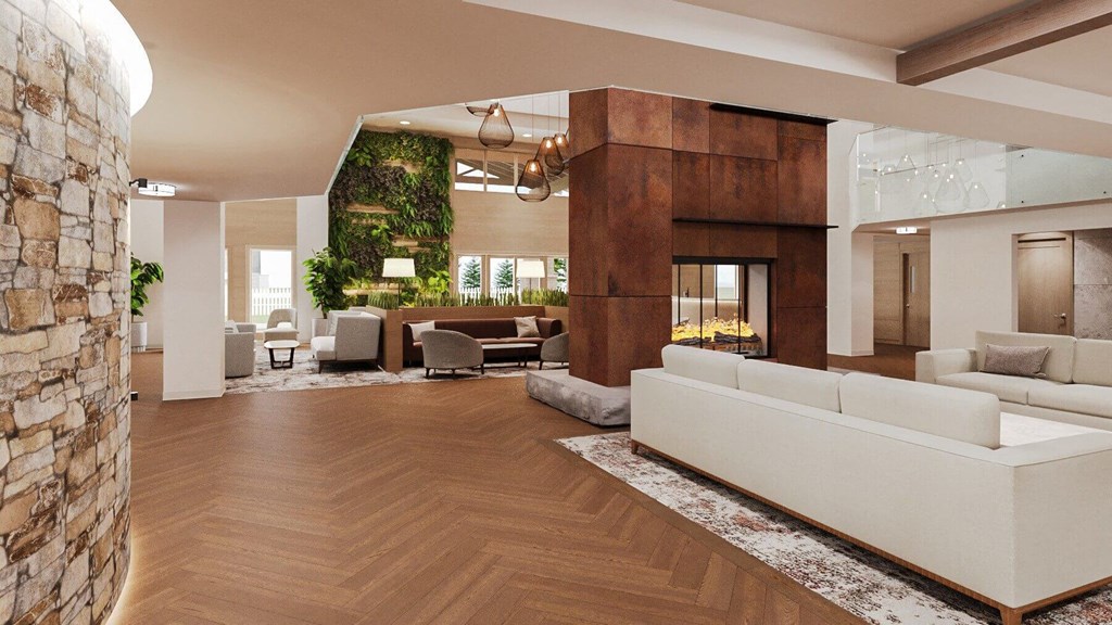 a living room with white couches and chairs and a fireplace at Hearthstone Lodge Senior Residences, California