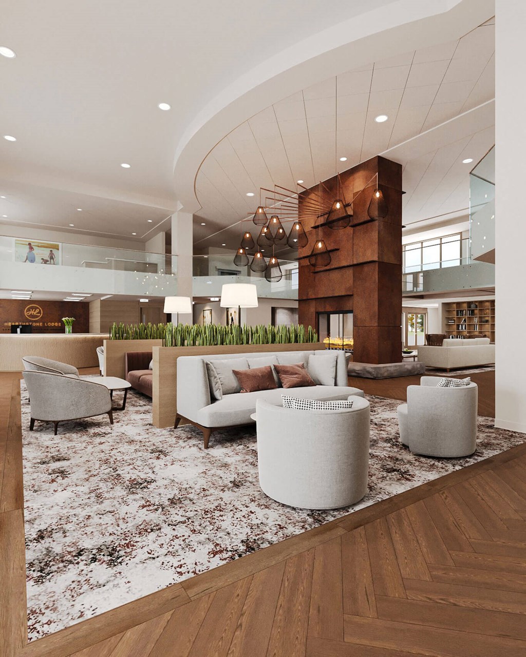 a rendering of the lobby of a hotel with couches and chairs a rendering of the lobby of a hotel with couches and chairs at Hearthstone Lodge Senior Residences, Auburn, CA