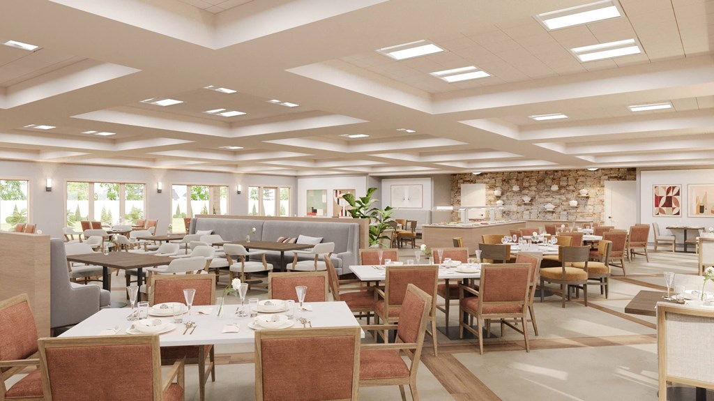 a rendering of a restaurant with tables and chairs a rendering of a restaurant with tables and chairs at Hearthstone Lodge Senior Residences, California