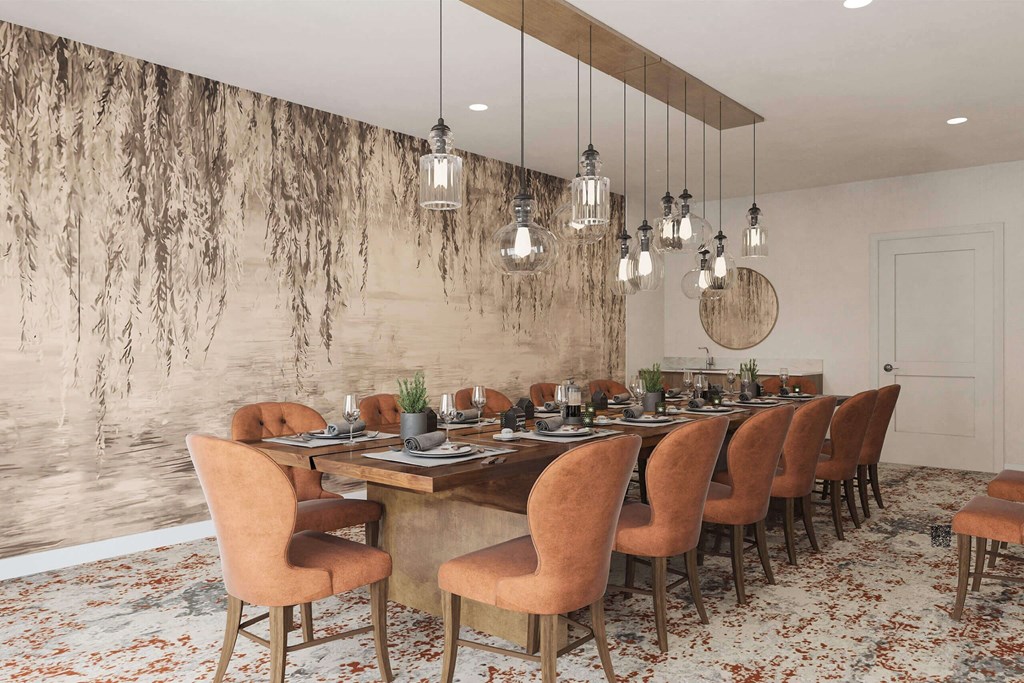 a dining room with a long table and chairs at Hearthstone Lodge Senior Residences, Auburn, CA 95602