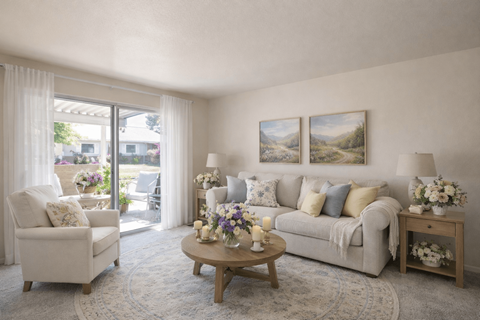 A living room with a couch, chair, and two paintings on the wall.