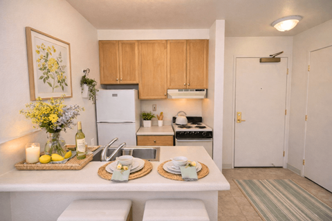 A kitchen with a table set for two and a fridge.