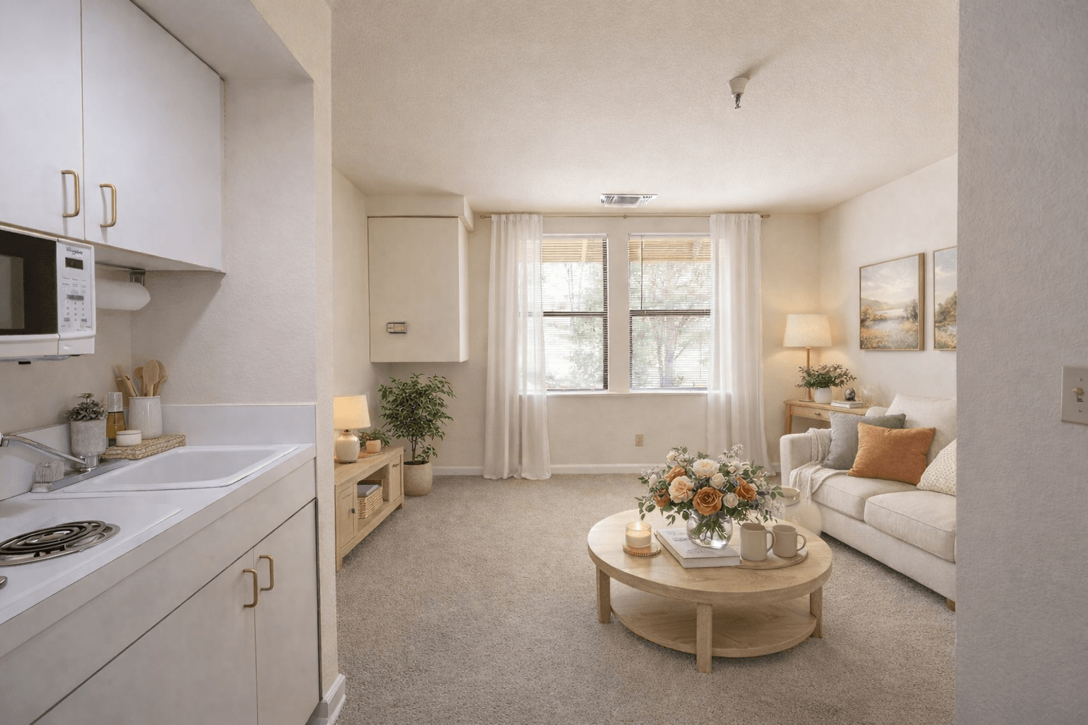 A kitchen with white cabinets and a round table with flowers on it.