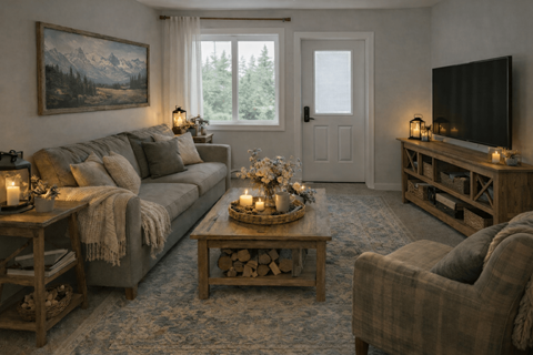 A cozy living room with a grey couch, a wooden coffee table, and a television on a wooden stand.