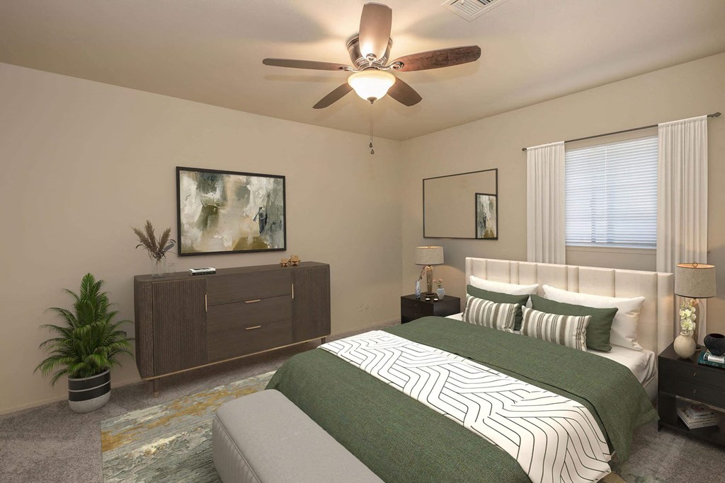 a bedroom with a bed and a ceiling fan at Castle Vista Senior Duplex Community, Atwater, 95301
