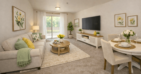 A living room with a couch, a coffee table, a dining table set, and a television.