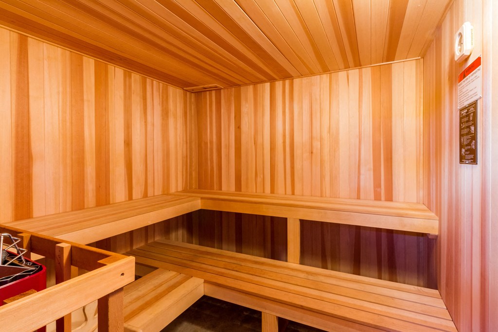 A wooden sauna with benches and a door.