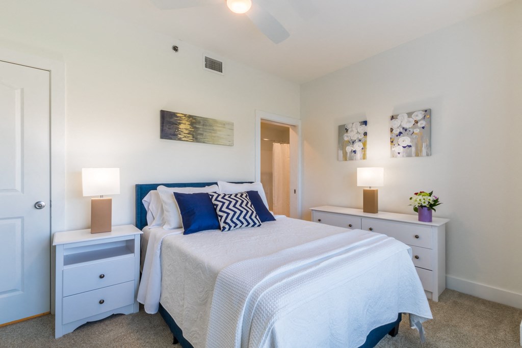 a bedroom with a bed and two night stands and a closet